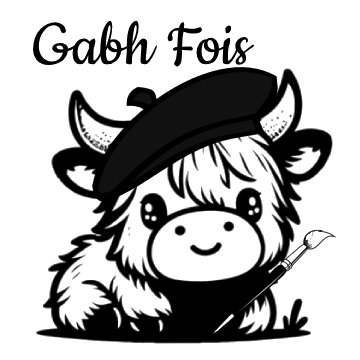 Black outline of a highland cow, wearing a beret and holding a paintbrush.